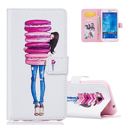 Galaxy J5 (2016) Bunte Ledertasche Schutzhülle Brieftasche, Aeeque® Flip Bookstyle Komisch Mädchen Kuchen Muster mit Weich Silikon Innere Standfunktion Kartenfächer Magnetverschluss PU Leder Handytasche Etui Schutztasche für Samsung J5 SM-J500 2016 Modell