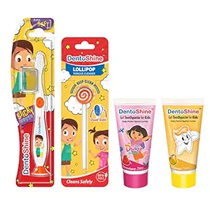 DentoShine Oral Care Combo Ages 2+ (Sticky Toothbrush for Kids + Lollipop Tongue Cleaner + Flavored Toothpaste 80 g x 2) (Mango & Strawberry)