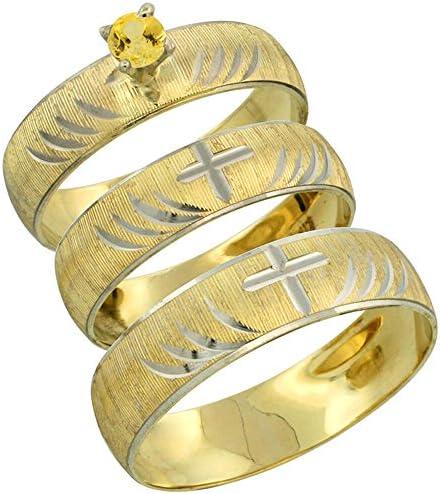 9ct Gold 3-Piece Trio His (5.5mm) & Hers (4.5mm) 0.25 Carat Yellow Sapphire Wedding Ring Band Set w/ Rhodium Accent (Available in Ladies Sizes 5 to10 & Men's Sizes 8 to 14) Ladies size N