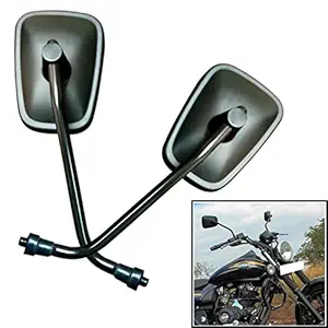 Dhe Best RM-05 Metal Glass Bike Rear View Rectangle Side Mirror Handle Bar End Rotatable Adjustable Handle for Bajaj Avenger 220 Street (Fancy Black) - Set of 2 Pieces