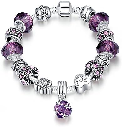 LQT Women's Fashion Charm Bracelet Crystal Flower Heart Crown Beads Flower Pendant Purple