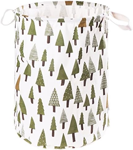 Laundry Hamper, Dirty Clothes Storage Basket, Large Cylindric Waterproof Foldable Cotton &amp; Linen Barrels Organizer for Toys Blouse T-shirt Underwear Collection - Pine
