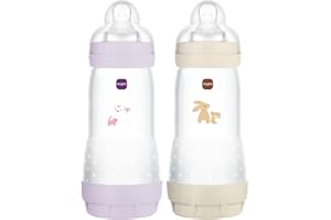 MAM Biberon Easy Start/Anti-Colique - 320ml - Lilas + Sable - Tétine Débit 3 - X2
