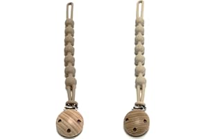 STBNVF 2Pcs Pacifier Clips, Soother Clips, Silicone Dummy Clip, Personalised Dummy Clips for Boys, Pacifier Clip, Wooden Soother Clips Design, Fits Most Pacifiers for Baby Boys and Girls(Beige + Light brown)