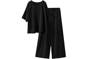 Wyongtao Ensemble Lin Pour Femme Eté Chic Chemise Lin Femme Manches Courtes Et Col Round Et Pantalon Large Deux Pièces Loungewear Set Ample Fluide Vetement Femmes Ete 2 Pièces Sets