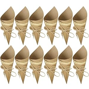50 Piezas Conos de Arroz para Boda, Bolso boda para confeti o bolsa cucuruchos de papel kraft cono de arroz, cuerda de cáñamo, cinta de doble cara, etiqueta adhesiva (Color Marrón)