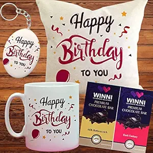 4+ Combo Birthday Gift for Girls, Girlfriend & Wife - Mug, Cushion and Key Chain | Husband Boyfriend & 2 Premium Chocolates- Winni