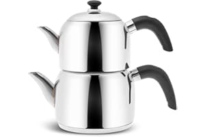 Karaca Edge - Set di mini teiera turca in acciaio inox con coperchio, teiera turca da 0,85 litri e serbatoio dell'acqua da 1,25 litri, manici neri in bachelite non bruciante, bollitore a induzione