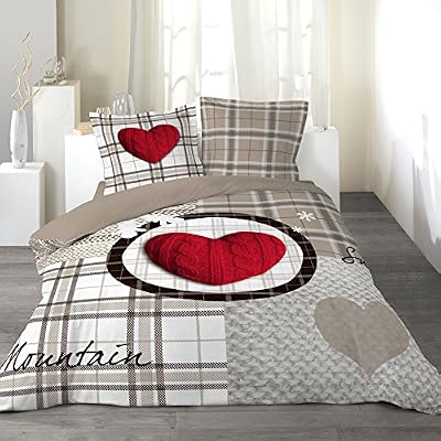 Douceur d'Intérieur Parure de Lit 2 personnes Housse de Couette 220 x 240 cm + 2 Taies carrées Imprimé Love Mountain Réversible
