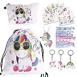 URAQT Cadeaux Licorne pour Les Filles, 23pcs Licorne Cordon Sac à Dos, Licorne Sacs de Sport à Cordon/Trousse de Maquillage/Bracelet/ Collier/Élastiques/Autocollant Licorne/Porte-clés Licorne
