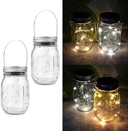 Solar Mason Jar Lights, EverFablous 2 PCS Solar Panels Hang Mason Jar String Lights with 10 LED for Garden, Courtyard, Wedding, Patio, Party, Room, Bar, Cafe Decorations (WarmWhite+Nature White)