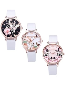 JSDDE Uhren,3er Set Vintage Blumen Armbanduhr Basel-Stil Damen Uhr Weiss PU Lederarmband Rosegold Analog Quarzuhr