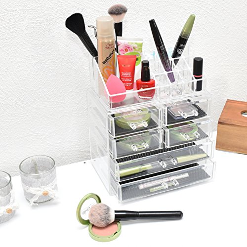 TRESKO® Acryl Organizer für Make-up, Kosmetik, Schmuck, Schminke, Accessoires, Aufbewahrungsbox mit Schubladen, Organisator für Lippenstift, Lipgloss, Nagellack, Make up- und Augenbrauenpinsel, Rouge, Halskette, Ringe und vieles mehr (6 Schubladen – JWYOGR-001) - 4