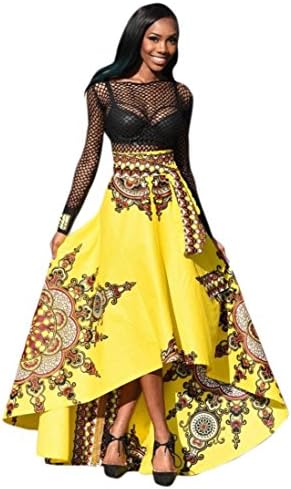 Lenfsh Women Half Body Skirt, New African Printed Ball Gown Long Dress Evening Party Maxi Skirt (L, Yellow)