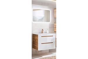 Lomadox Badmöbel Waschplatz Set Hochglanz weiß, Wotan Eiche Nb. mit 80 cm Waschtisch-Unterschrank mit Keramik-Waschbecken & LED-Spiegel