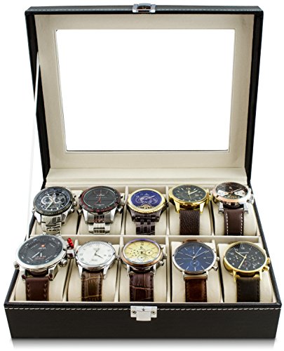 VENKON – Uhrenbox für 10 Uhren mit Schaufenster aus Glas für Aufbewahrung & Präsentation – Kunstleder Schwarz – 25,5 x 20,5 x 8 cm - 6