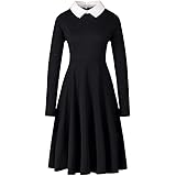 LAYAN-B Abito longuette da donna manica lunga casual colletto Peter Pan fit svasato cotone nero pieghettato