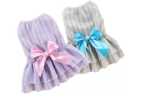 PETANGEL Set of 2 Frock Dress for Small Dog Girl Puppy Clothes Female Princess Tutu Striped Skirt Summer Shirt for Yorkii, Toypom, Maltese Cat Pet Apparel Outfits (Size: M, Adjustable Chest: 40cm)