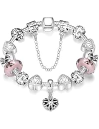 LDUDU® Pulsera charms de mujer plateado de plata con charms de cristal de murano rosado y cristales austriacos pintado de flores regalo para mujer niña Cumpleaños Navidad San Valentin