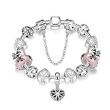 LDUDU® Pulsera charms de mujer plateado de plata con charms de cristal de murano rosado y cristales austriacos pintado de flores regalo para mujer niña Cumpleaños Navidad San Valentin