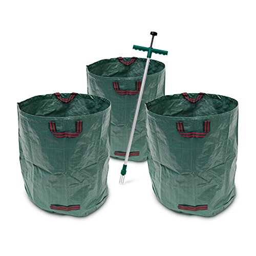 4 teiliges Garten Set, 3 Gartensäcke für Laub und Unkraut, 272 L, faltbar, Unkrautstecher langer Griff, Auswurf-Mechanismus