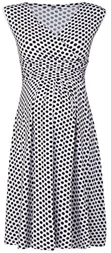 Happy Mama. Women's Maternity Empire Waist Stretch Sleeveless Dress Skater. 110p (White with Dots, UK 18)