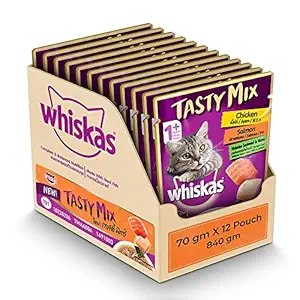 Whiskas Adult (1+ Year) Tasty Mix Wet Cat Food Made with Real Fish, Chicken with Salmon Wakame Seaweed in Gravy - Pack of 12 (70g x 12)