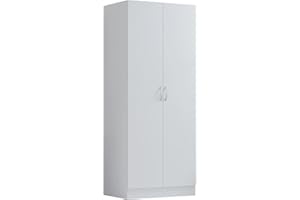 NERA FURNISHINGS White 2 Door Wardrobe with Hanging Bar Rail and Shelf Bedroom Furniture Storage (White)