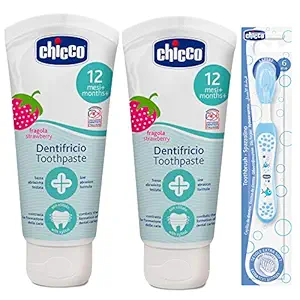 Chicco Strawberry Toothpaste (12 m+), 50 ml, Pack of 2 and Blue Toothbrush