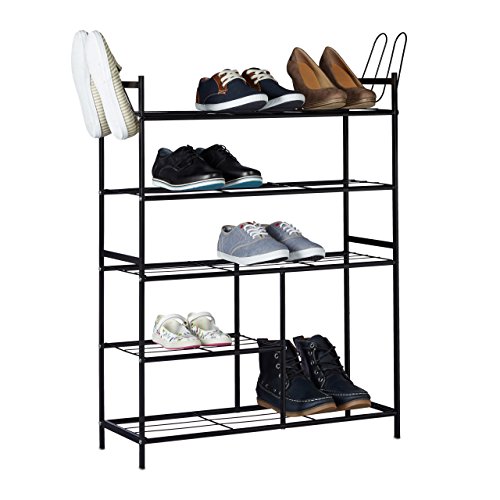 Relaxdays Schuhregal SANDRA mit 5 Ebenen, Schuhablage aus Metall, mit Stiefelfach, für 16 Paar Schuhe, HBT: ca. 101 x 85 x 26 cm, mit Griffen, schwarz