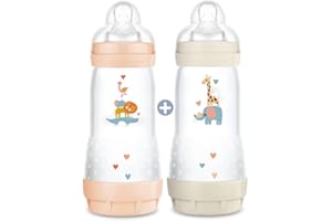 MAM Biberon Easy Start Anti-Colique avec base aérée, lot de 2 x 320 ml – 0+ mois – Tétine débit 3, vitesse rapide – Rose, blanc