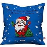 Indigifts Cheerful Santa Print Blue Cushion Cover 12x12 with Filler (Xmas Gift for Her, Him, Boy, Girl, Dad, Mom, Friends, Family) - Christmas Decorations
