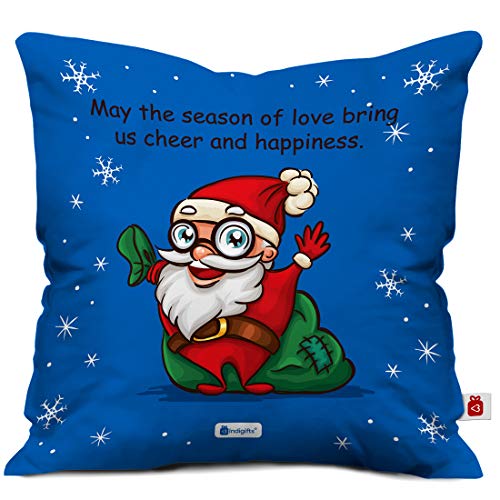 Indigifts Cheerful Santa Print Blue Cushion Cover 12x12 with Filler (Xmas Gift for Her, Him, Boy, Girl, Dad, Mom, Friends, Family) - Christmas Decorations