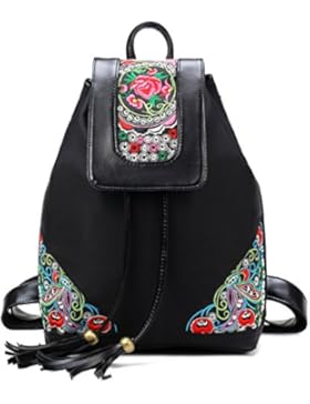 Amoyie Klassische Rucksackhandtaschen mit Stickerei, Leder und Nylon Freizeitrucksack Schwarz, Mädchen Damen Taschen...