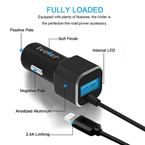  Garantie    Vie  iVoler Chargeur de Voiture Allume-Cigare 2 Ports USB 24W  4 8A avec C  ble Lightning  1 5m  Ultra Petit Chargeur Allume-Cigare USB d