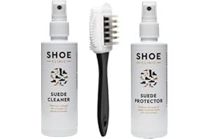 Shoe Clinic Kit de limpieza para gamuza y nobuk Limpiador y protector de gamuza en aerosol con cepillo | Limpia, protege e impermeabiliza zapatos, zapatillas y botas