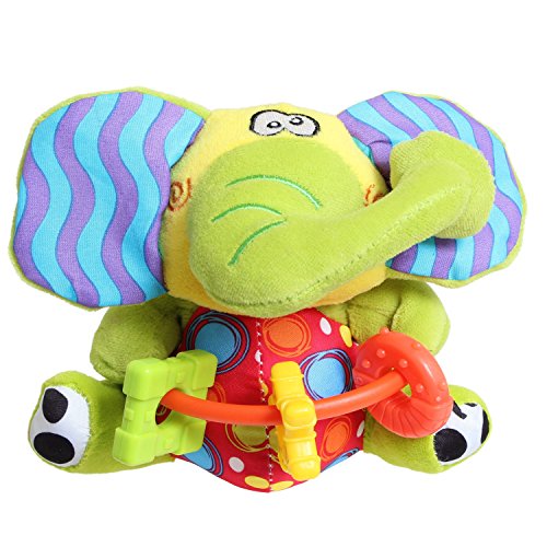 Playgro Sonajero de Peluche Elefante, Con Anillos de Dentición, Sin BPA, Desde los 3 Meses, Zany Zoo Playmate Elephant, Verde/Amarillo, 40128