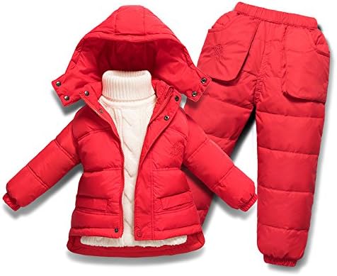 MiXiaoJie Baby Boys' Girls' Ultralight Snowsuit Winter Puffer Jacket and Overall Two-Piece Set(4T, Red)