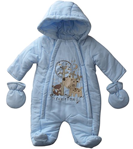 0-3 months - Baby Boys Gorgeous Light Blue Reindeer and Fox Forest Friends Hooded Snowsuit and Mittens Outfit