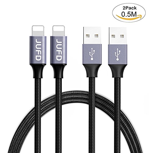 Iphone Charger Lightning Cable 0.5M/1.6FT (2-Pack) JUFD usb to Lightning Cable [Apple MFi Certified] High Lifespan Nylon Braided fast charging Cable for iPhone X/ 8/ 7/ 7Plus 6/ 6s / 6 Plus/ 5/ 5c/ 5s SE iPad Air 3/ iPad Pro（BLACK）