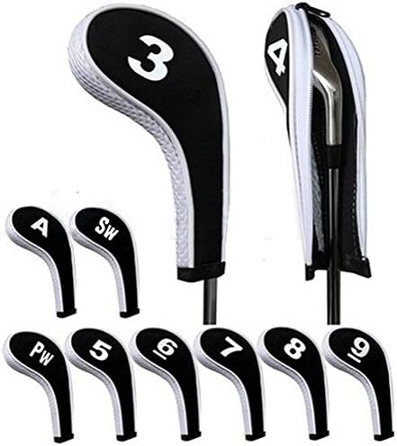 Golf Iron Head Covers Set Club Heads Protector Wedge Headcovers Long Neck Interchangable Number Tag with Zipper for Titleist, Callaway, Ping, Taylormade, Cobra, Nike ,Black &amp; White,Pack-10