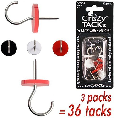Crazy Tackz Black, White & Red 3Pk=36 Tacks New Invention - 2 for 1: Push Pins & Hook - Hang 100'S of Items & Interior Or Exterior Decor at Home, School, Office, DIY, for Party Or Holiday