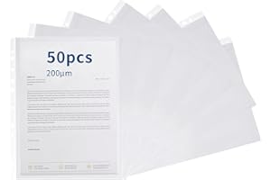 OFFICESWIFT Punched Pockets A4 Heavy Duty Poly Pockets A4 Clear Plastic Wallets Top Open 11 Hole Sheet Protectors for 2/3/4 Ring Binder for Filing Folders Sleeves Documents (50 Pcs-10C(0.2mm))