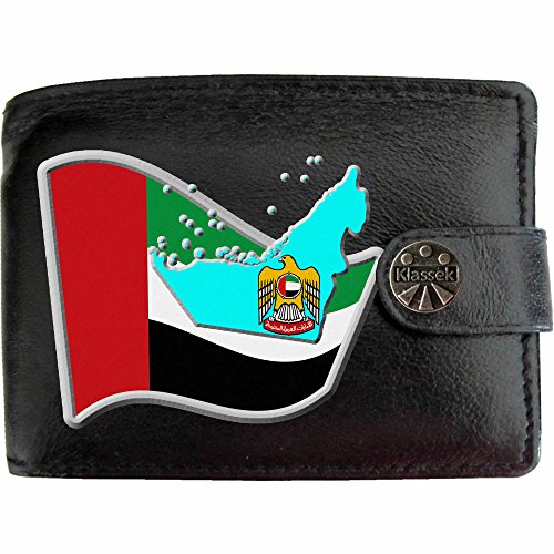 Preisvergleich Produktbild Vereinigte Arabische Emirate Flagge KLASSEK Herren Geldbörse Portemonnaie Brieftasche Arabisch Wappen aus echtem Leder schwarz Arabische Emirate Geschenk Präsent Mit Metallbox
