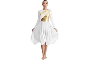 TiaoBug Women Long Sleeve Metallic Patchwork Church Praise Dance Tunic Overlay Dress Lyrical Dancewear