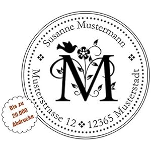 Initial-Stempel mit Adresse, Monogramm-Stempel, Stempel mit Motiven, Adress-Stempel personalisiert rund 40 mm, mit integriertem Stempelkissen, Automatikstempel, Buchstaben von A-Z wählbar.