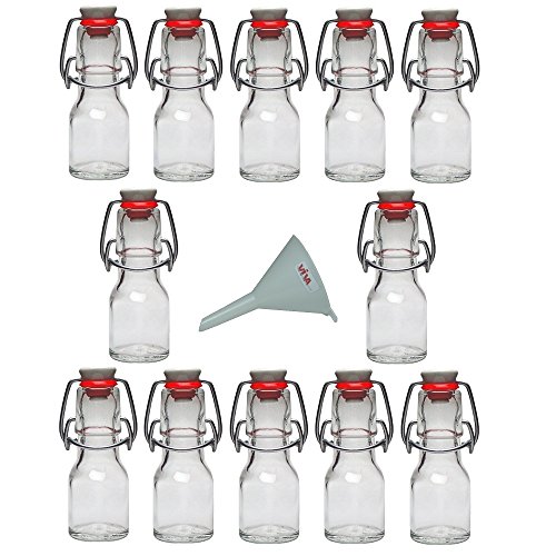 Viva Haushaltswaren - 12 x Mini Glasflasche 50 ml mit Bügelverschluss aus Porzellan zum Befüllen, als kleine Likörflasche & Ölflasche verwendbar (inkl. Trichter Ø 7 cm)