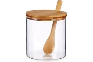 VIVALTO Set Azucarero y Jarra de cristal, 2 unidades: azucarero y Jarra 1,8l. Especieros para cocina con cuchara de madera de Bambú. Azucarero moderno con tapa de madera (1)