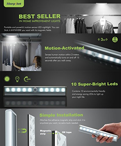 Morpilot LED Schrankbeleuchtung Lichtleiste Kabellos 10 LEDs mit Bewegungsmelder Batterie Wandschrank Kabinett Nachtlicht / Treppen Licht / Schublade / der Schrank / Stammlampe Step Light Bar mit Magnetstreifen (AAA Batterie) - 4