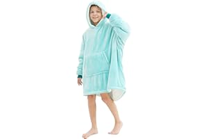 ACDYION Wearable Blanket Hoodie, Oversized Sherpa Flannel Blanket Sweatshirt with Hood Pocket and Sleeves, Cozy Soft Warm Fluffy Hooded Blanket for Kids Boys Girls, One Size Fits All (Teal)